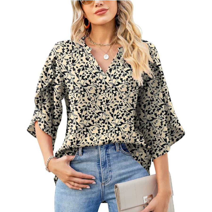 Printed Notched Half Sleeve Blouse Apparel and Accessories