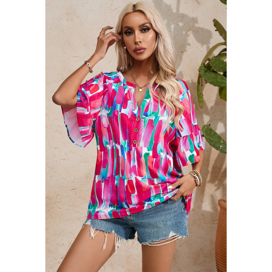 Printed Notched Half Sleeve Blouse Apparel and Accessories