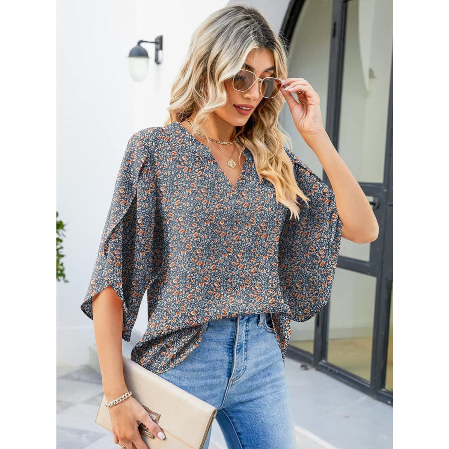 Printed Notched Half Sleeve Blouse Apparel and Accessories