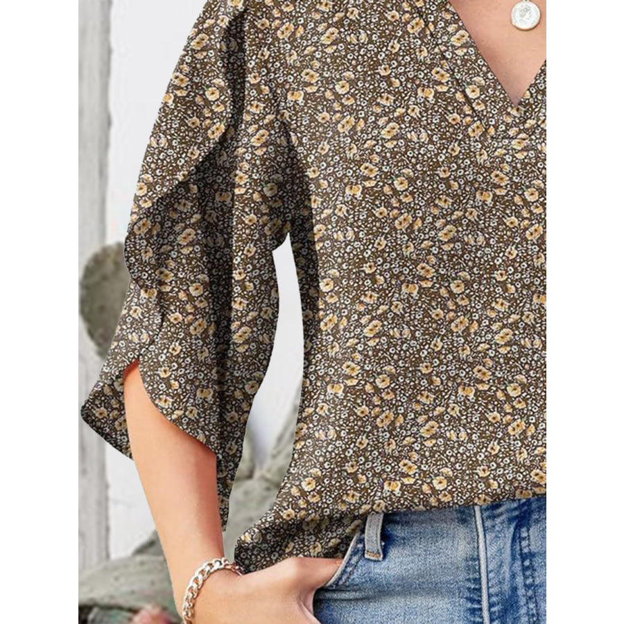 Printed Notched Half Sleeve Blouse Apparel and Accessories