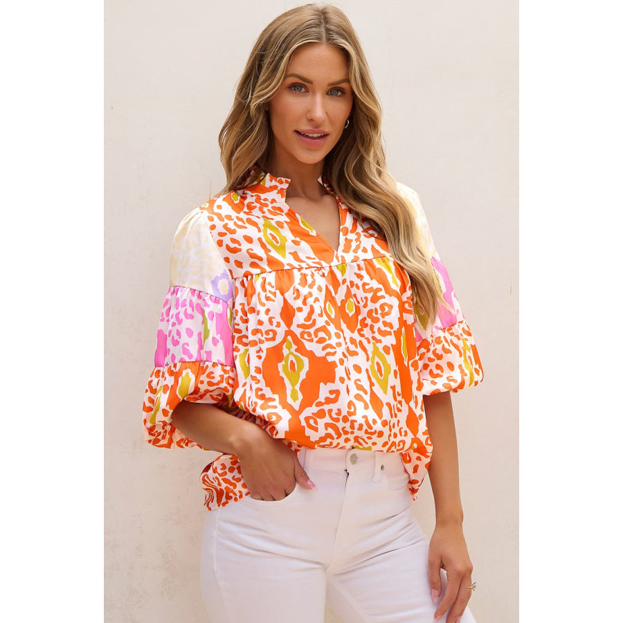 Printed Notched Half Sleeve Blouse Apparel and Accessories