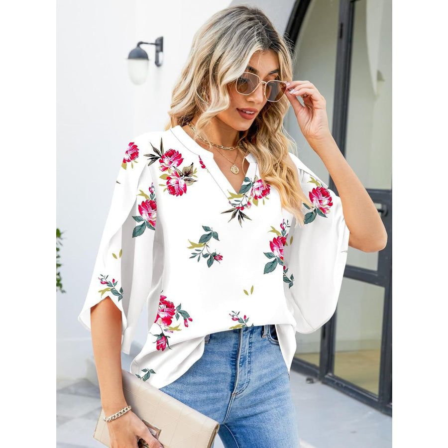 Printed Notched Half Sleeve Blouse Apparel and Accessories