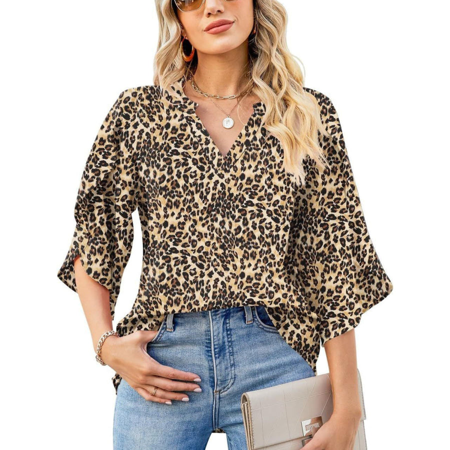 Printed Notched Half Sleeve Blouse Apparel and Accessories