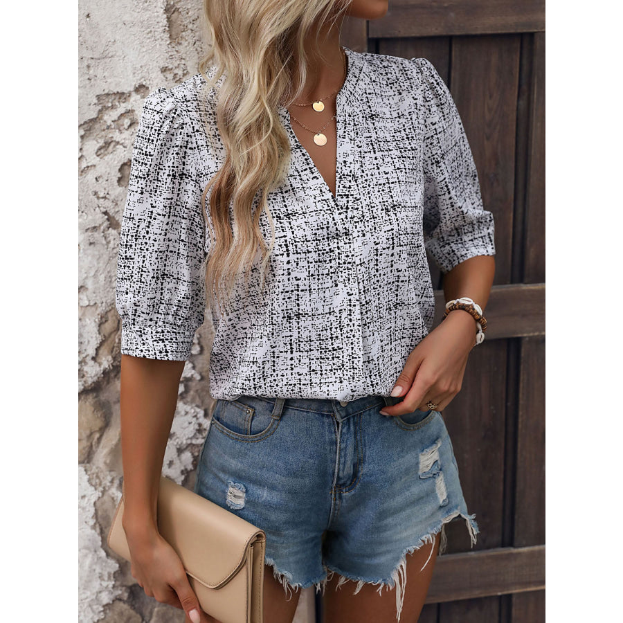 Printed Notched Half Sleeve Blouse Apparel and Accessories