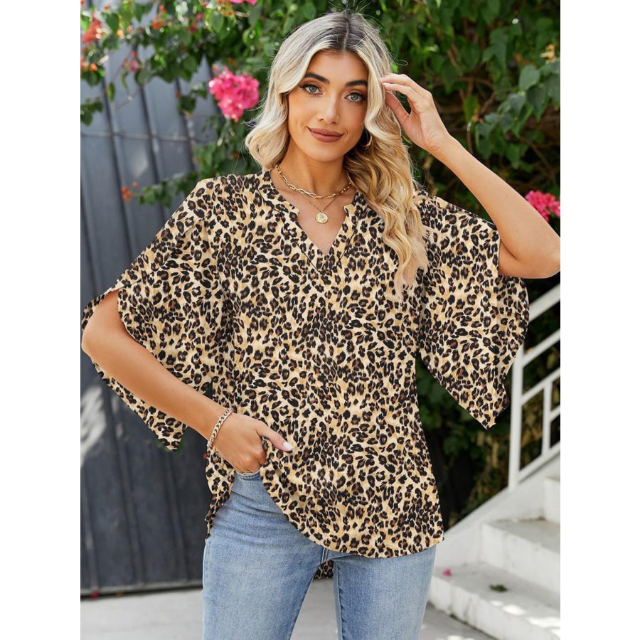 Printed Notched Half Sleeve Blouse Apparel and Accessories