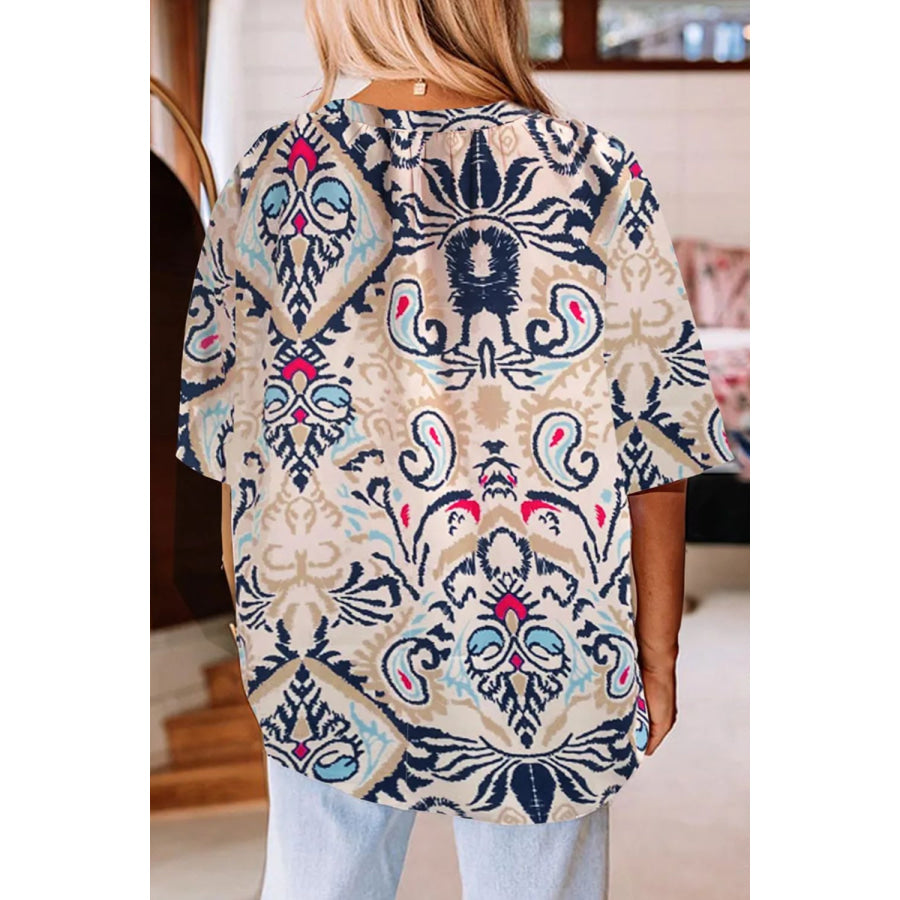 Printed Notched Half Sleeve Blouse Apparel and Accessories