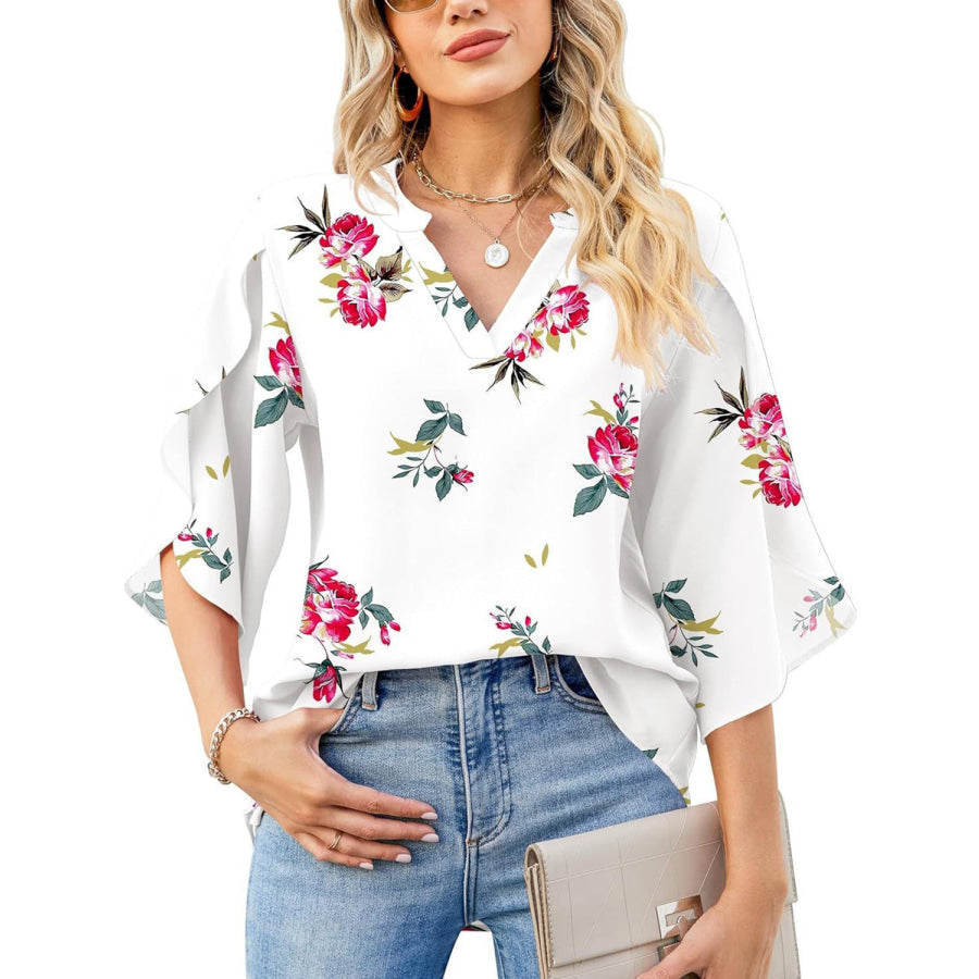 Printed Notched Half Sleeve Blouse Apparel and Accessories