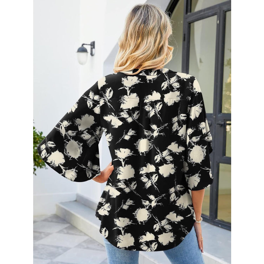 Printed Notched Half Sleeve Blouse Black / S Apparel and Accessories