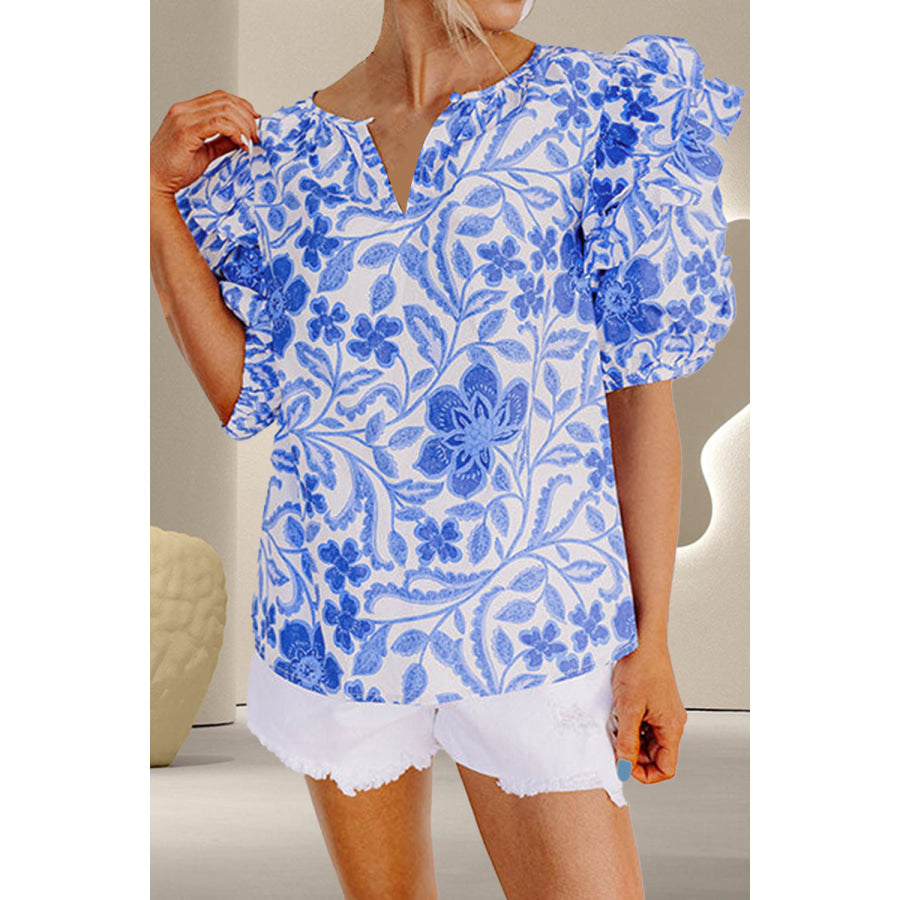 Printed Notched Half Sleeve Blouse Blue / S Apparel and Accessories