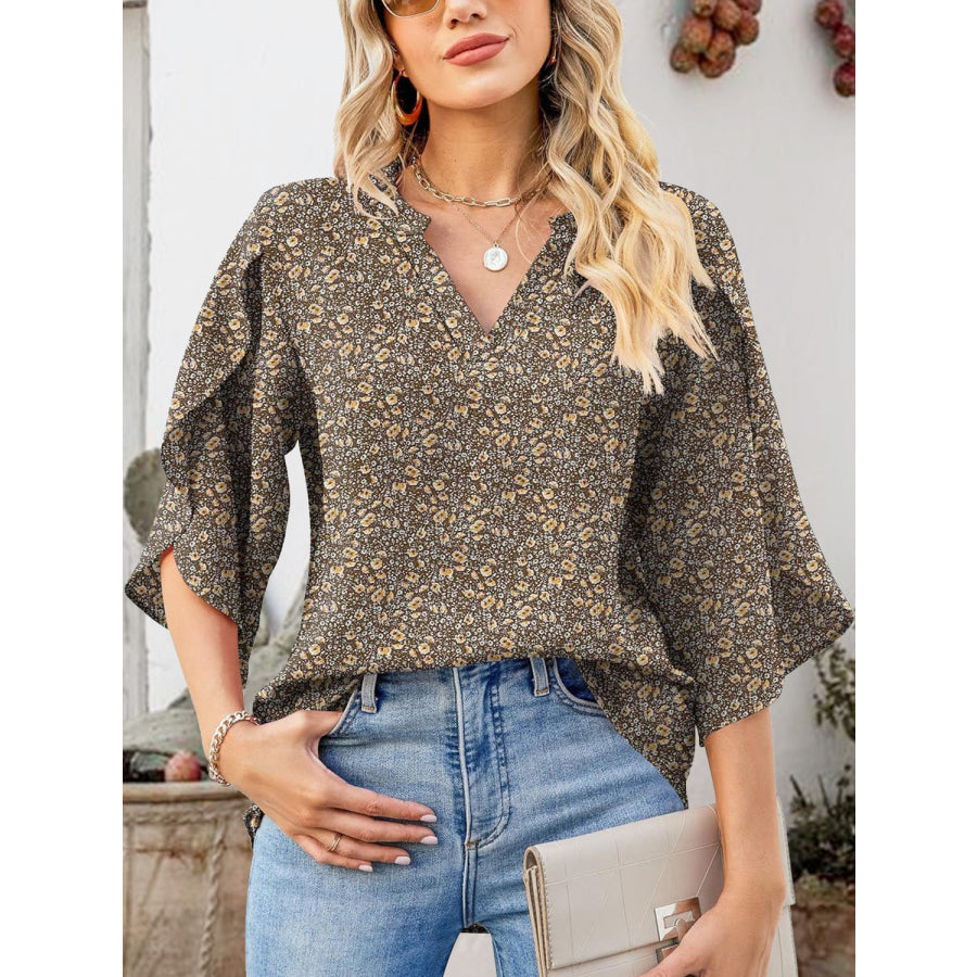 Printed Notched Half Sleeve Blouse Camel / S Apparel and Accessories