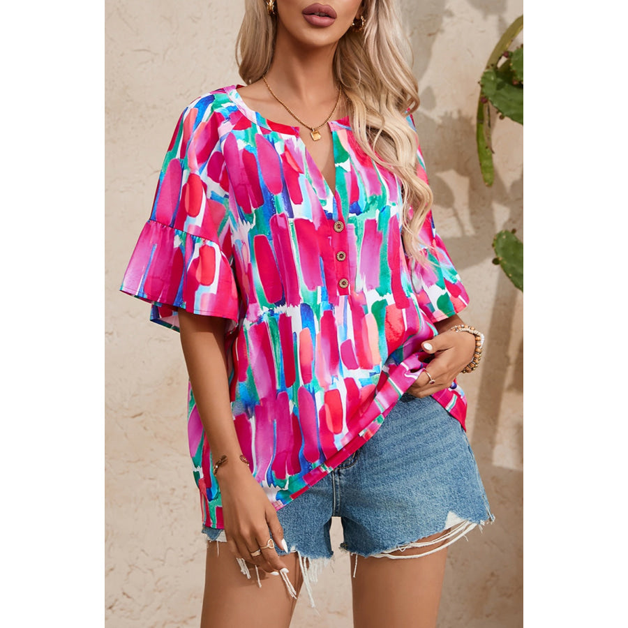 Printed Notched Half Sleeve Blouse Deep Rose / S Apparel and Accessories