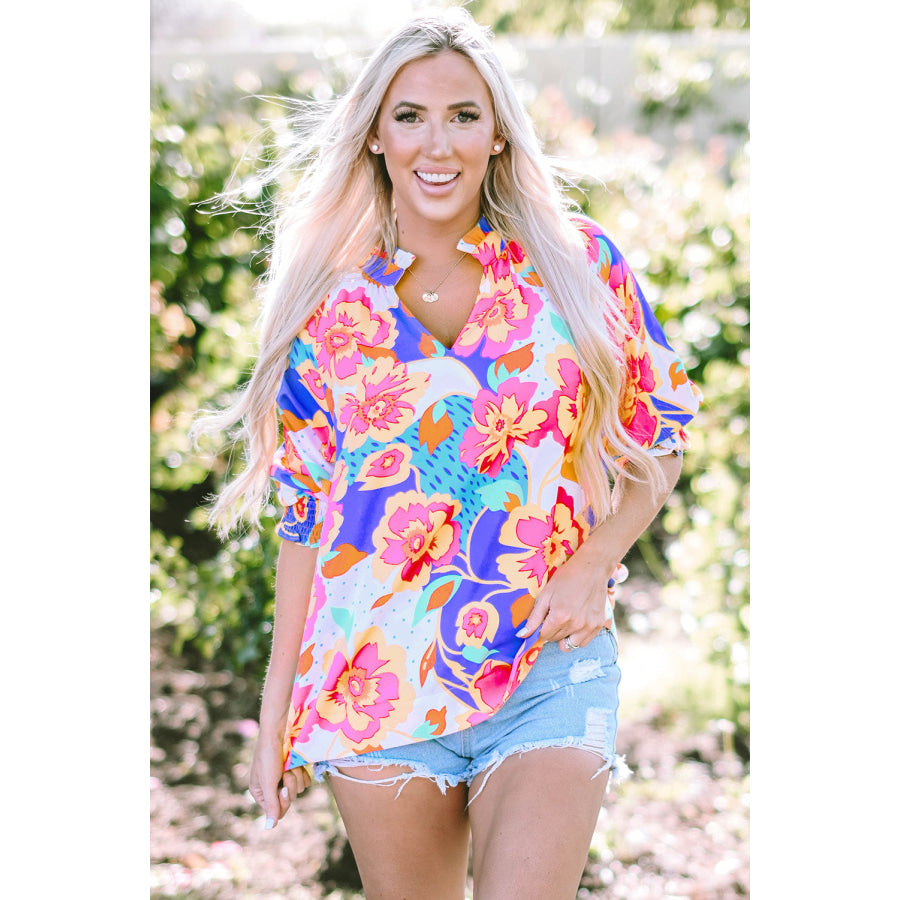 Printed Notched Half Sleeve Blouse Floral / S Apparel and Accessories