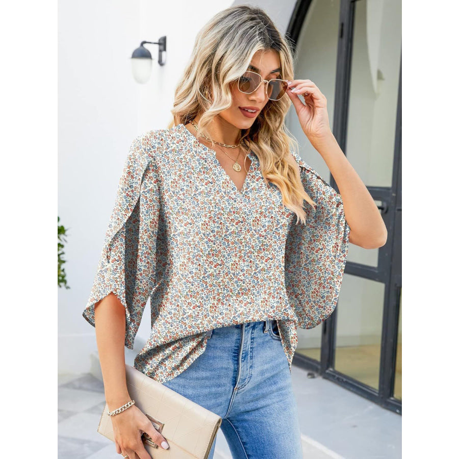 Printed Notched Half Sleeve Blouse Floral / S Apparel and Accessories