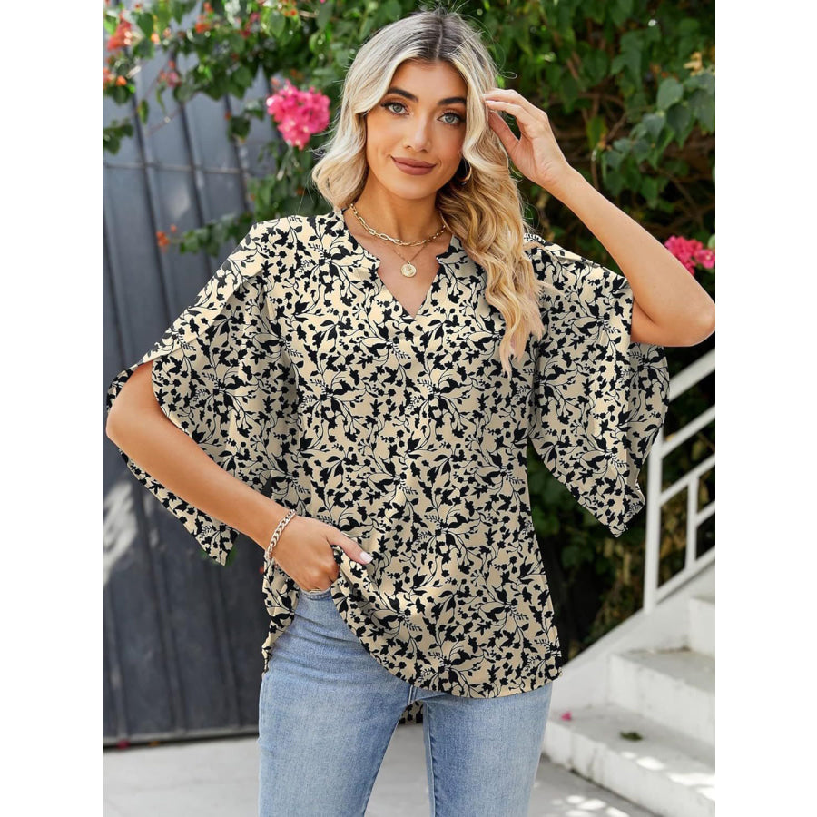 Printed Notched Half Sleeve Blouse Khaki / S Apparel and Accessories