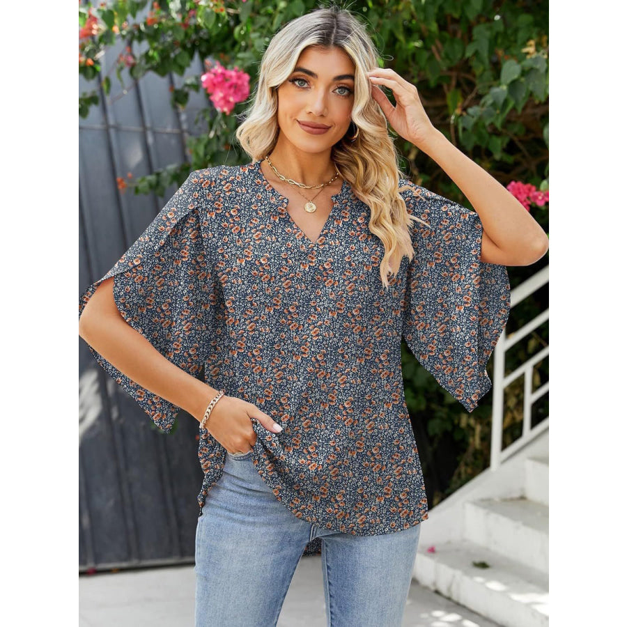 Printed Notched Half Sleeve Blouse Navy / S Apparel and Accessories