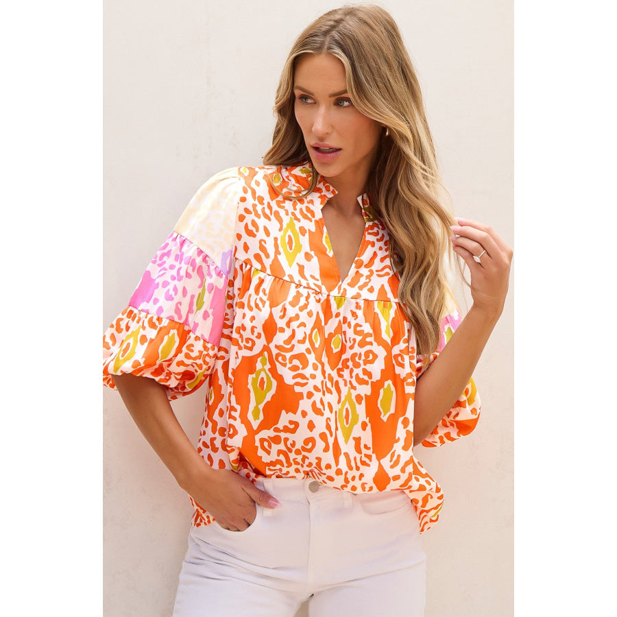 Printed Notched Half Sleeve Blouse Tangerine / S Apparel and Accessories