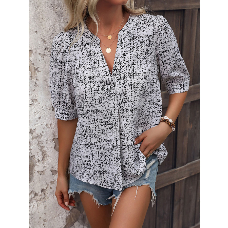 Printed Notched Half Sleeve Blouse White / S Apparel and Accessories