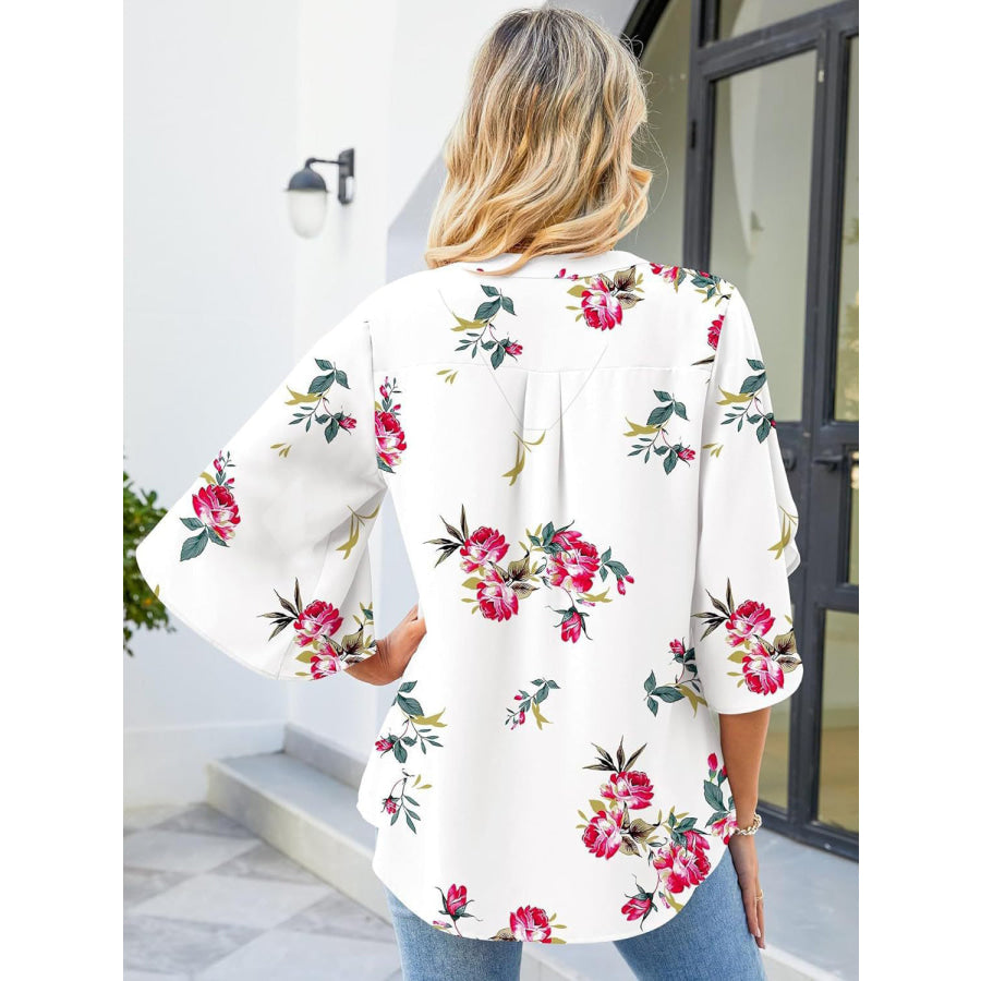 Printed Notched Half Sleeve Blouse White / S Apparel and Accessories