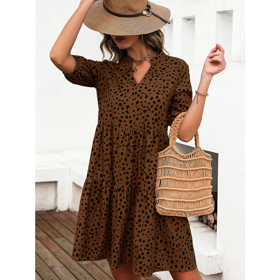 Printed Notched Half Sleeve Dress Apparel and Accessories