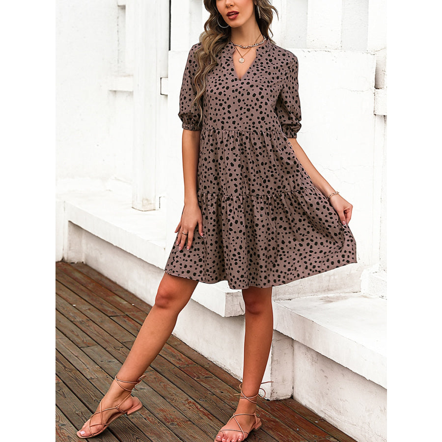 Printed Notched Half Sleeve Dress Apparel and Accessories