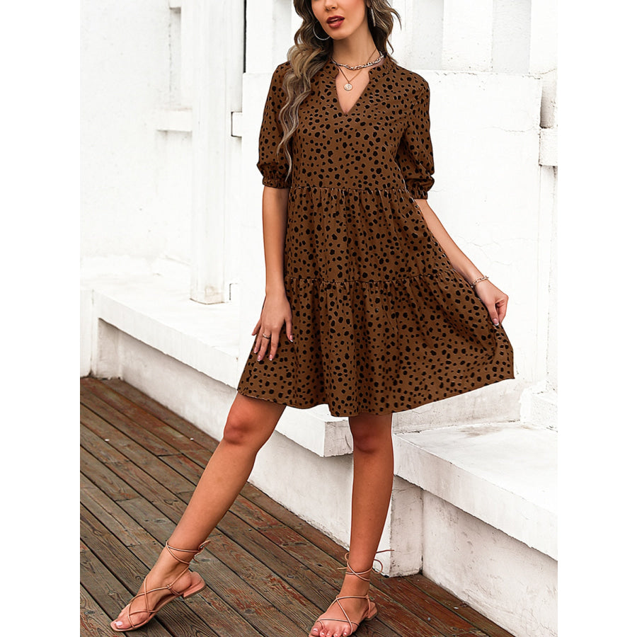 Printed Notched Half Sleeve Dress Coffee Brown / S Apparel and Accessories