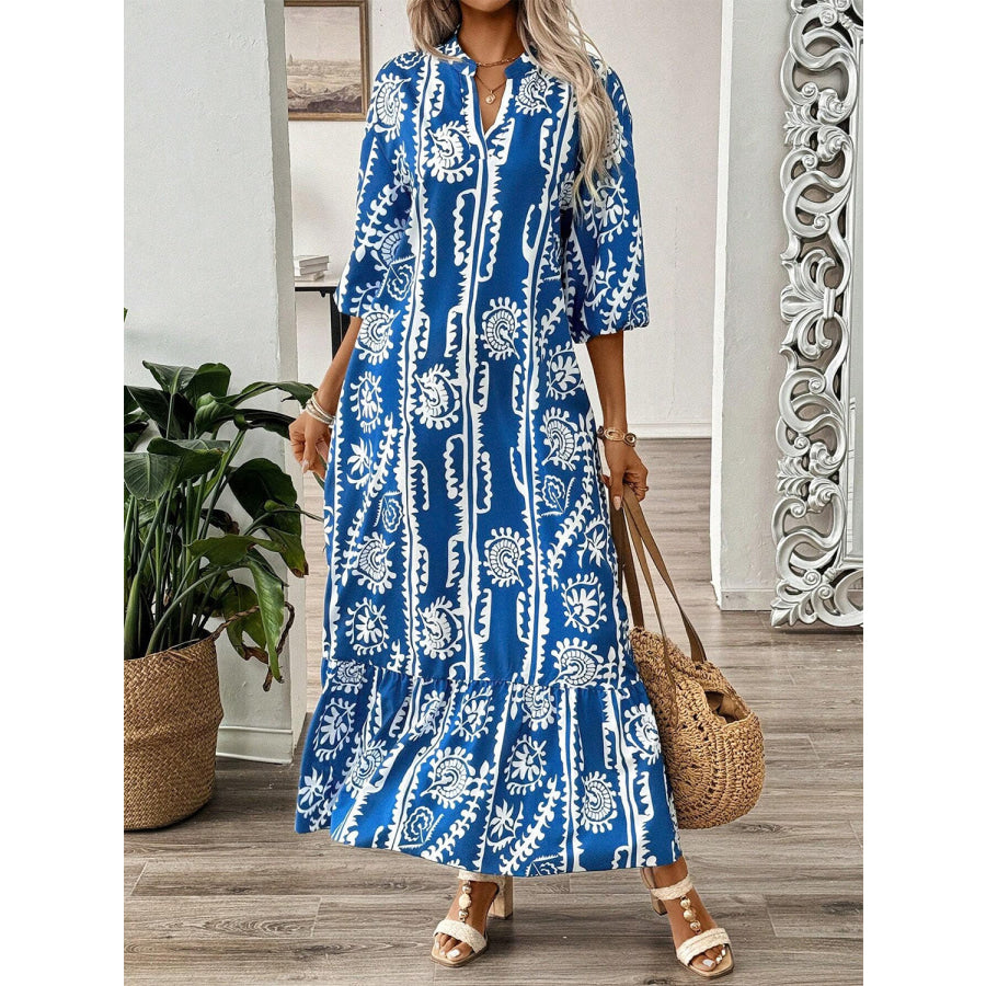 Printed Notched Half Sleeve Maxi Dress Apparel and Accessories