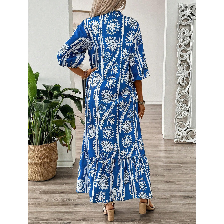 Printed Notched Half Sleeve Maxi Dress Apparel and Accessories