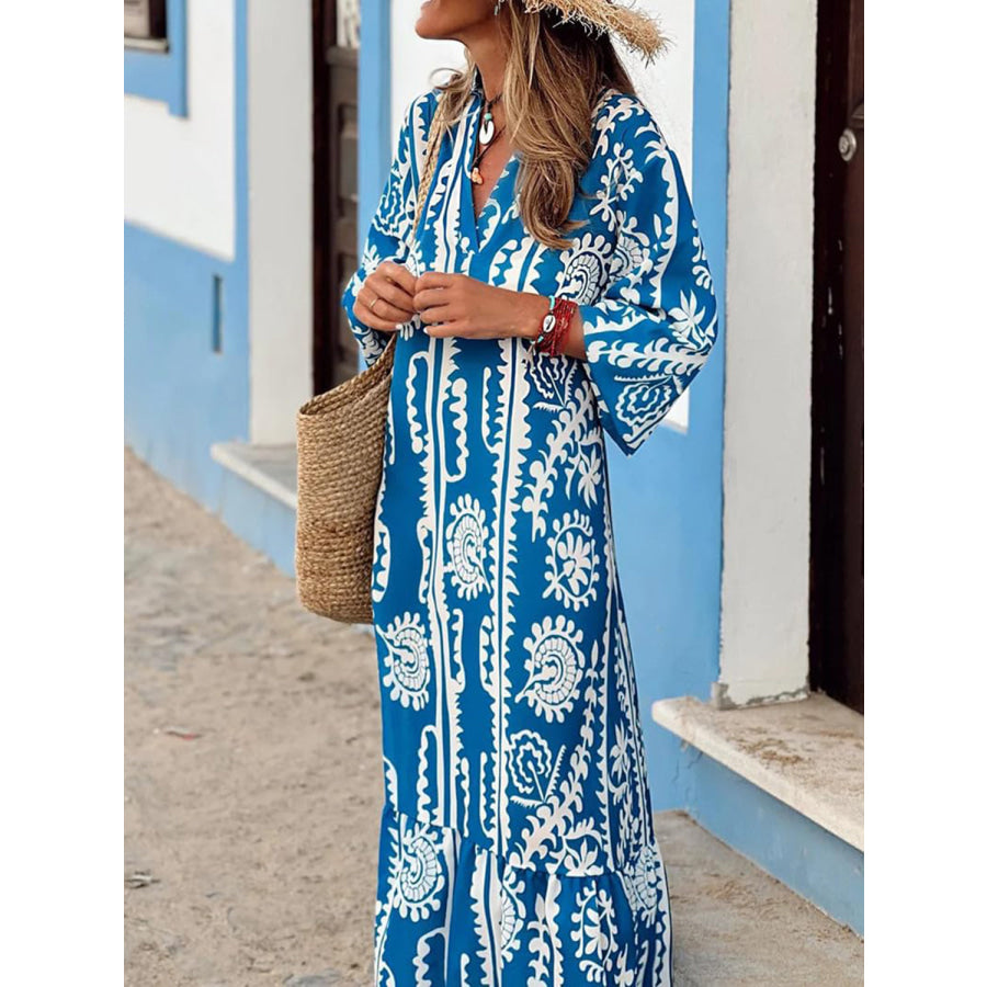 Printed Notched Half Sleeve Maxi Dress Blue / S Apparel and Accessories