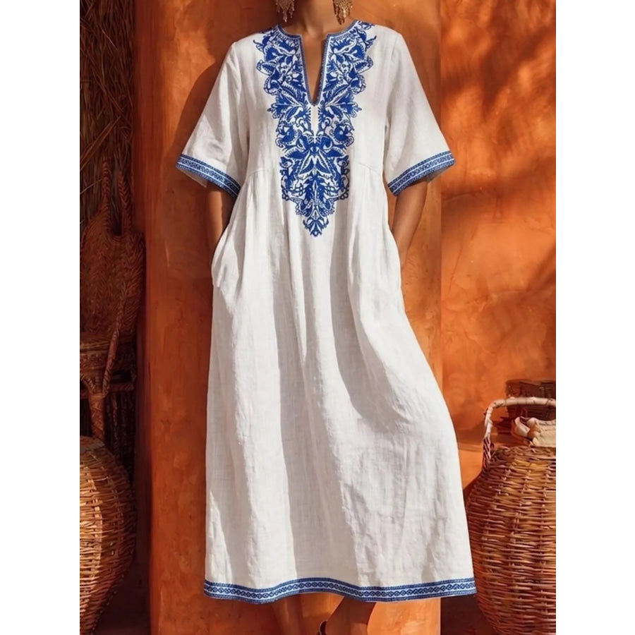 Printed Notched Half Sleeve Midi Dress Apparel and Accessories