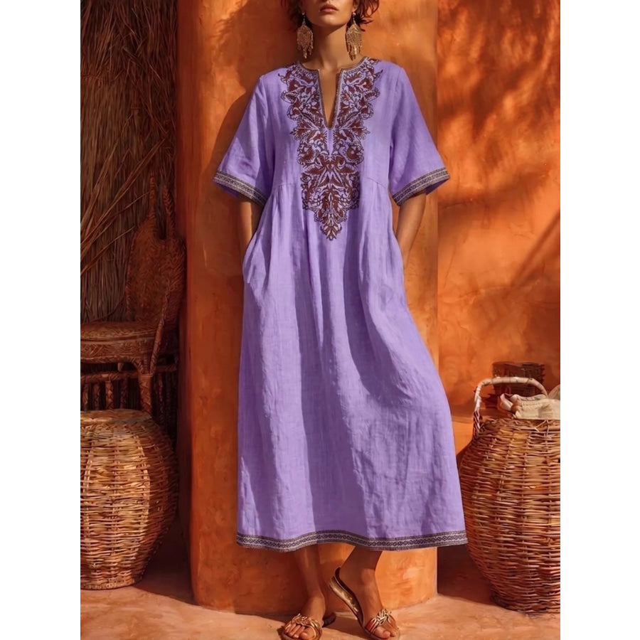 Printed Notched Half Sleeve Midi Dress Purple / S Apparel and Accessories