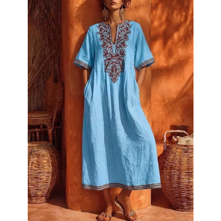 Printed Notched Half Sleeve Midi Dress Sky Blue / S Apparel and Accessories
