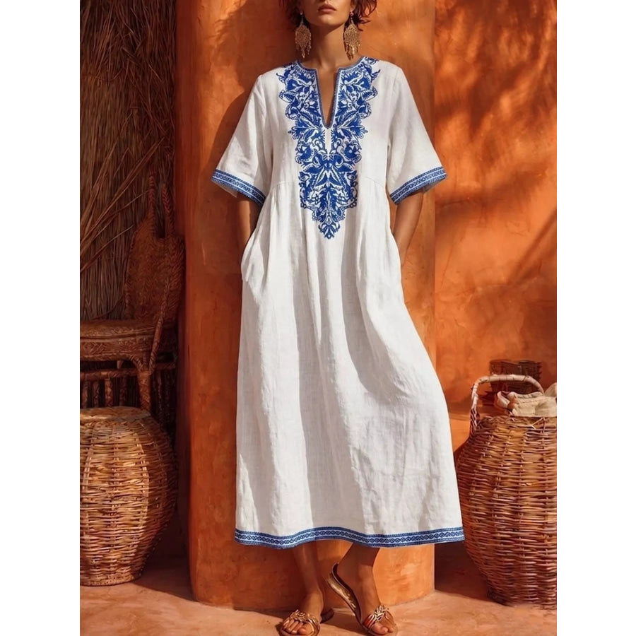 Printed Notched Half Sleeve Midi Dress White / S Apparel and Accessories