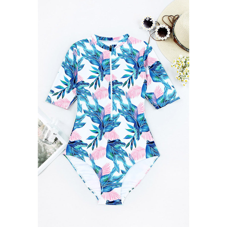 Printed Notched Half Sleeve One-Piece Swimwear Apparel and Accessories