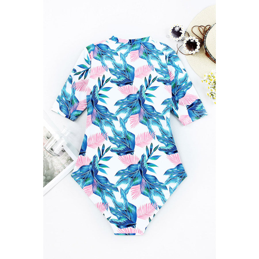 Printed Notched Half Sleeve One-Piece Swimwear Apparel and Accessories