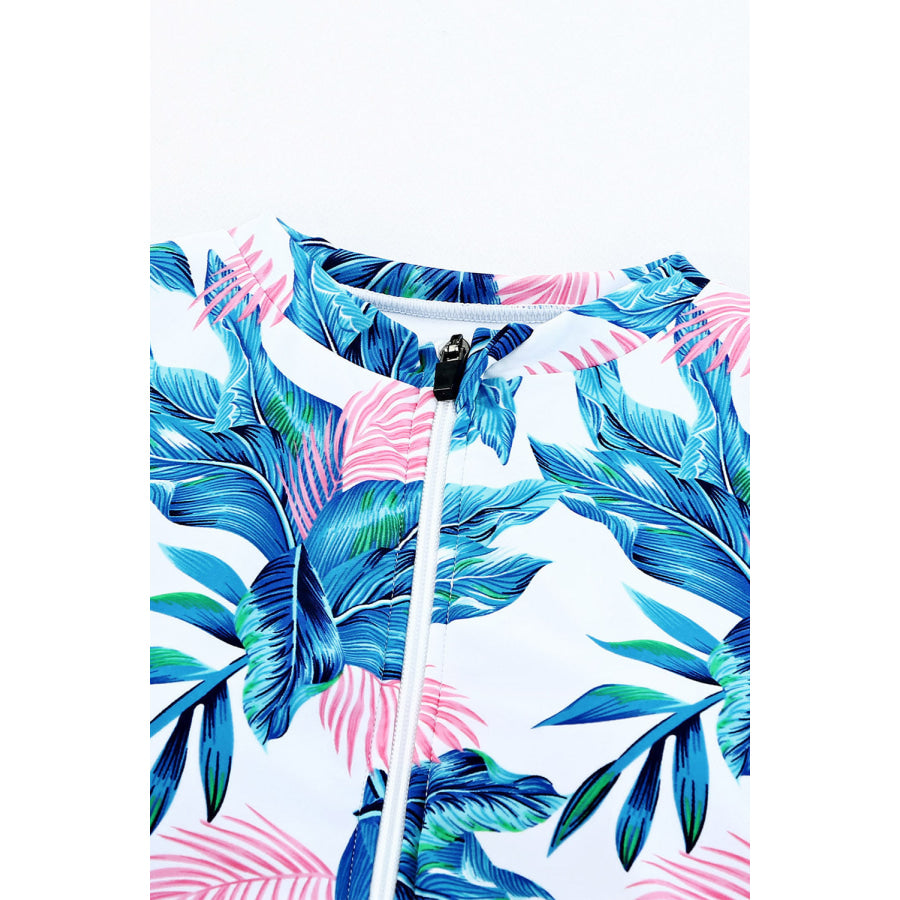 Printed Notched Half Sleeve One-Piece Swimwear Apparel and Accessories