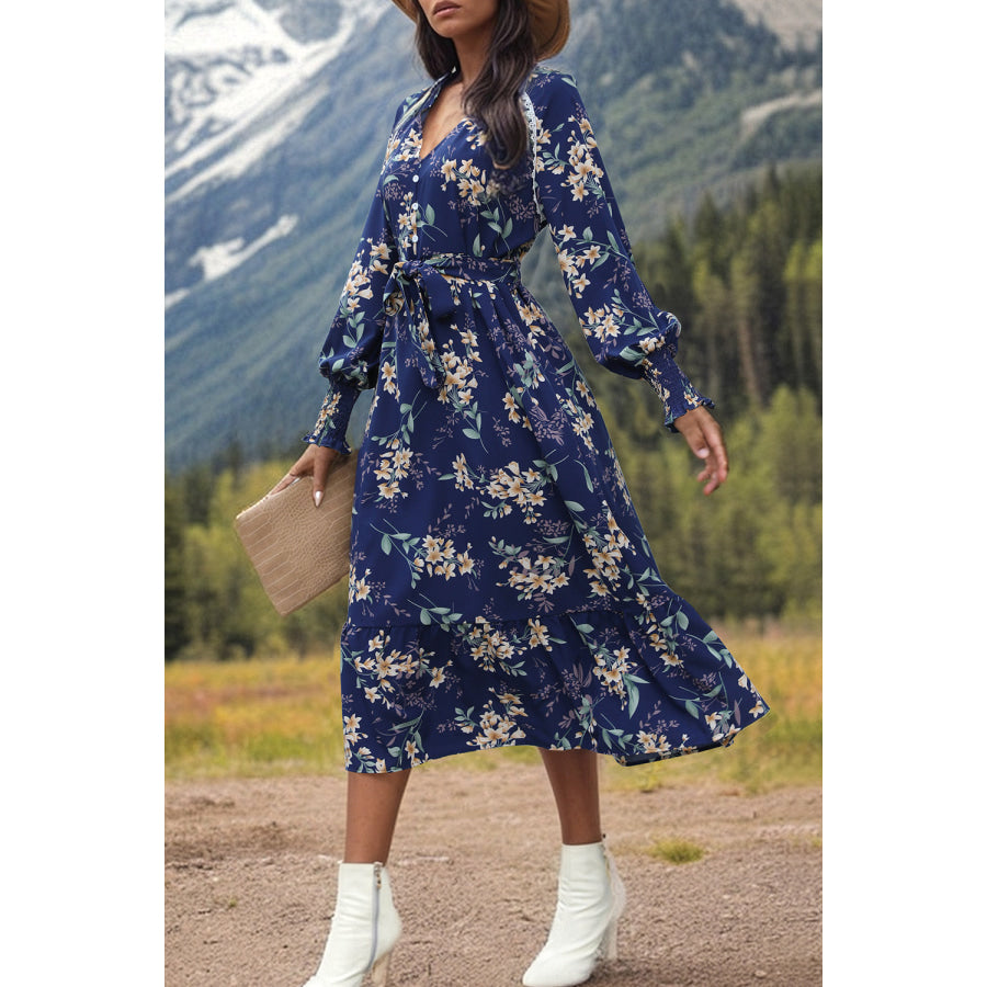 Printed Notched Lantern Sleeve Midi Dress Apparel and Accessories