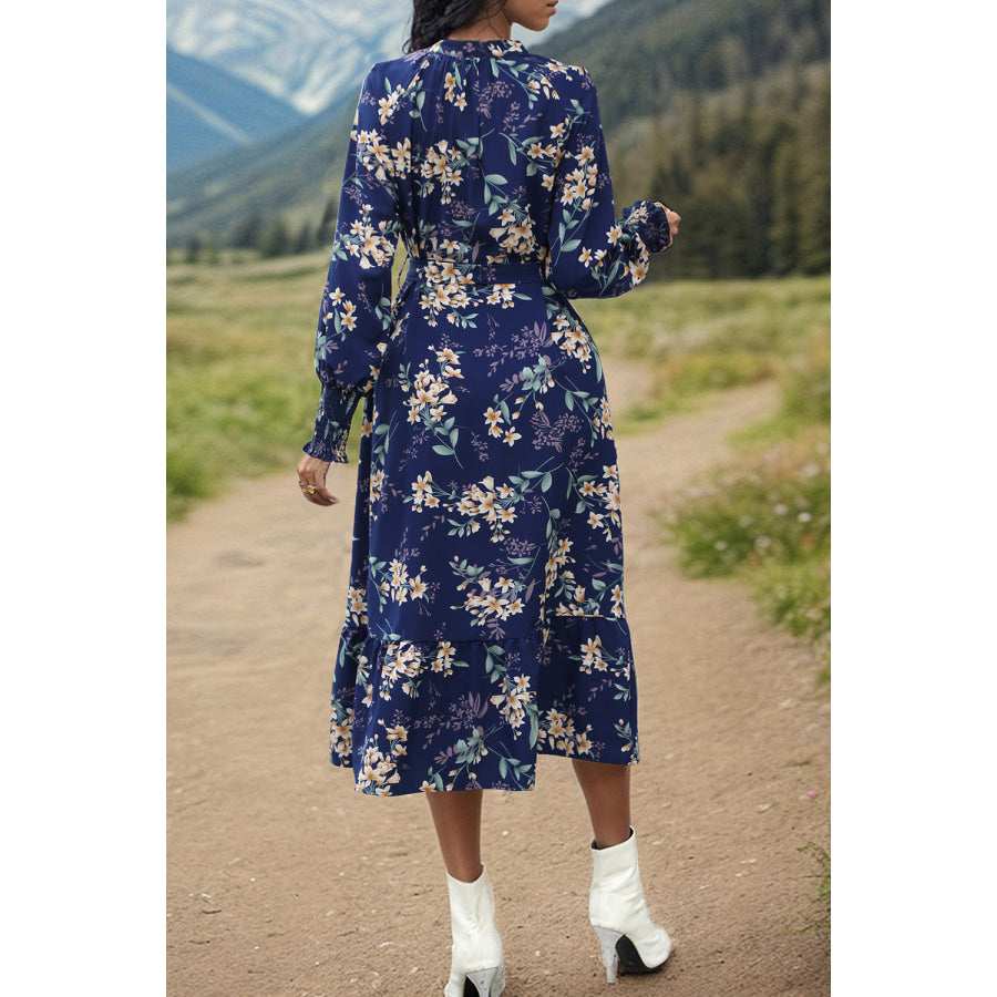 Printed Notched Lantern Sleeve Midi Dress Apparel and Accessories