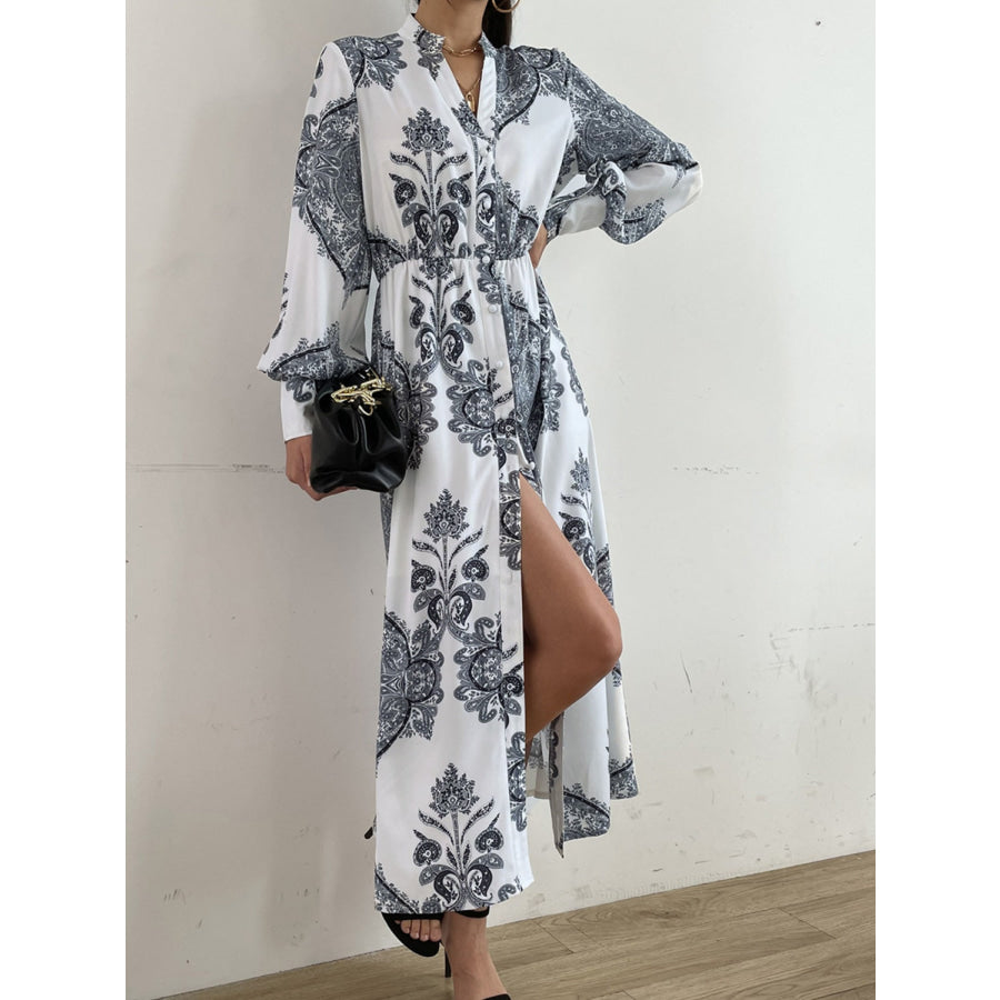 Printed Notched Lantern Sleeve Midi Dress Apparel and Accessories
