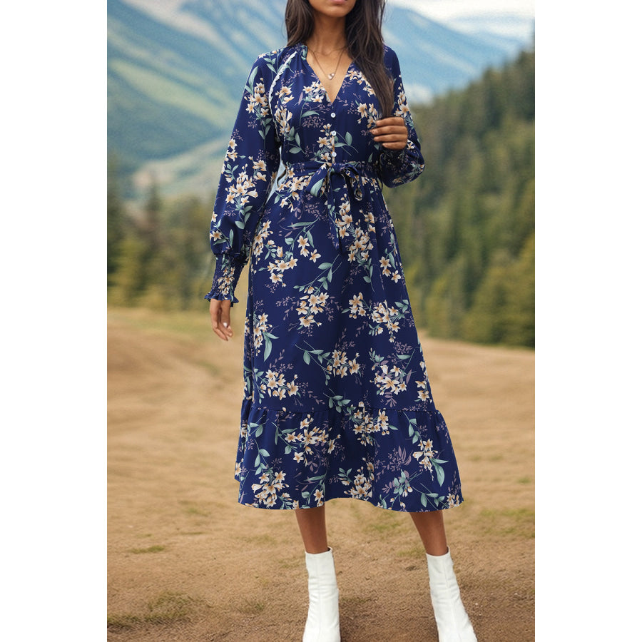 Printed Notched Lantern Sleeve Midi Dress Apparel and Accessories