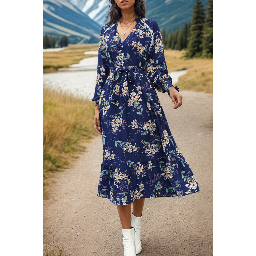 Printed Notched Lantern Sleeve Midi Dress Apparel and Accessories