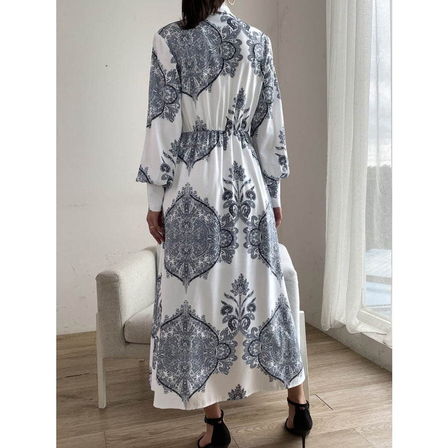 Printed Notched Lantern Sleeve Midi Dress White / S Apparel and Accessories
