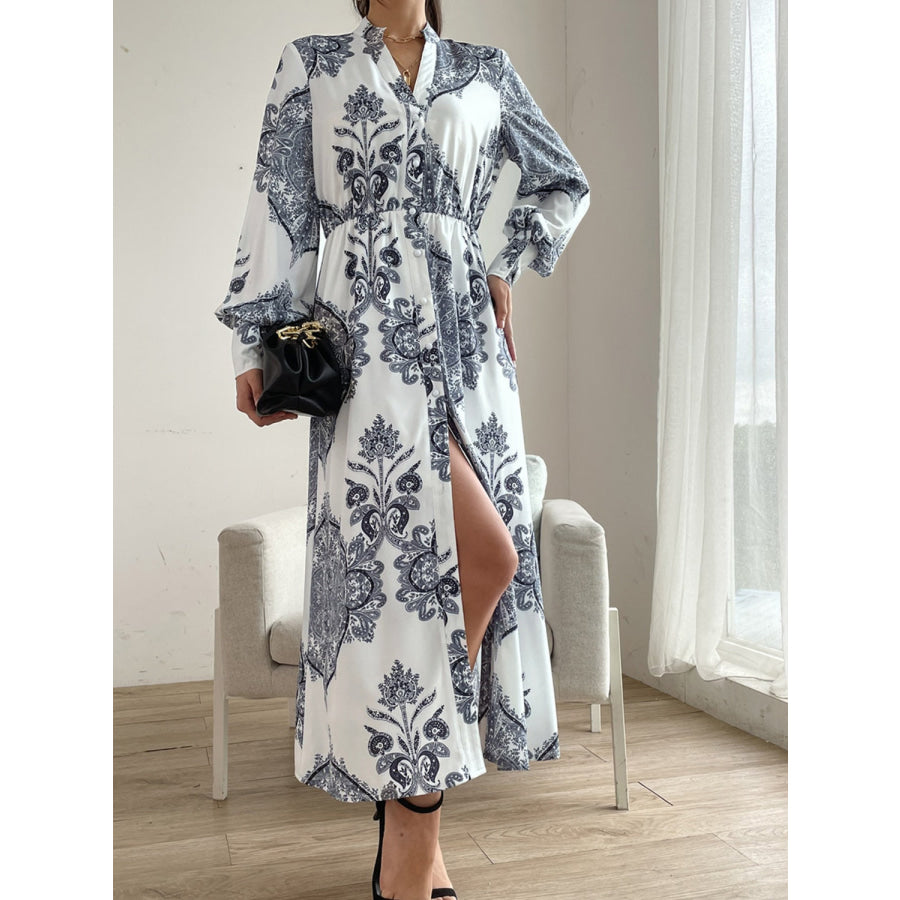 Printed Notched Lantern Sleeve Midi Dress Apparel and Accessories