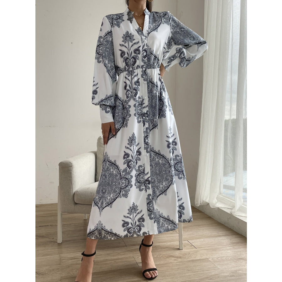 Printed Notched Lantern Sleeve Midi Dress Apparel and Accessories