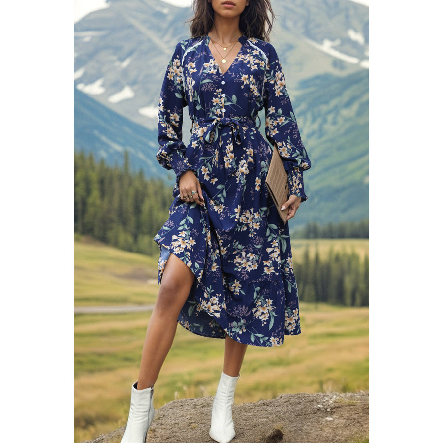 Printed Notched Lantern Sleeve Midi Dress Navy / S Apparel and Accessories