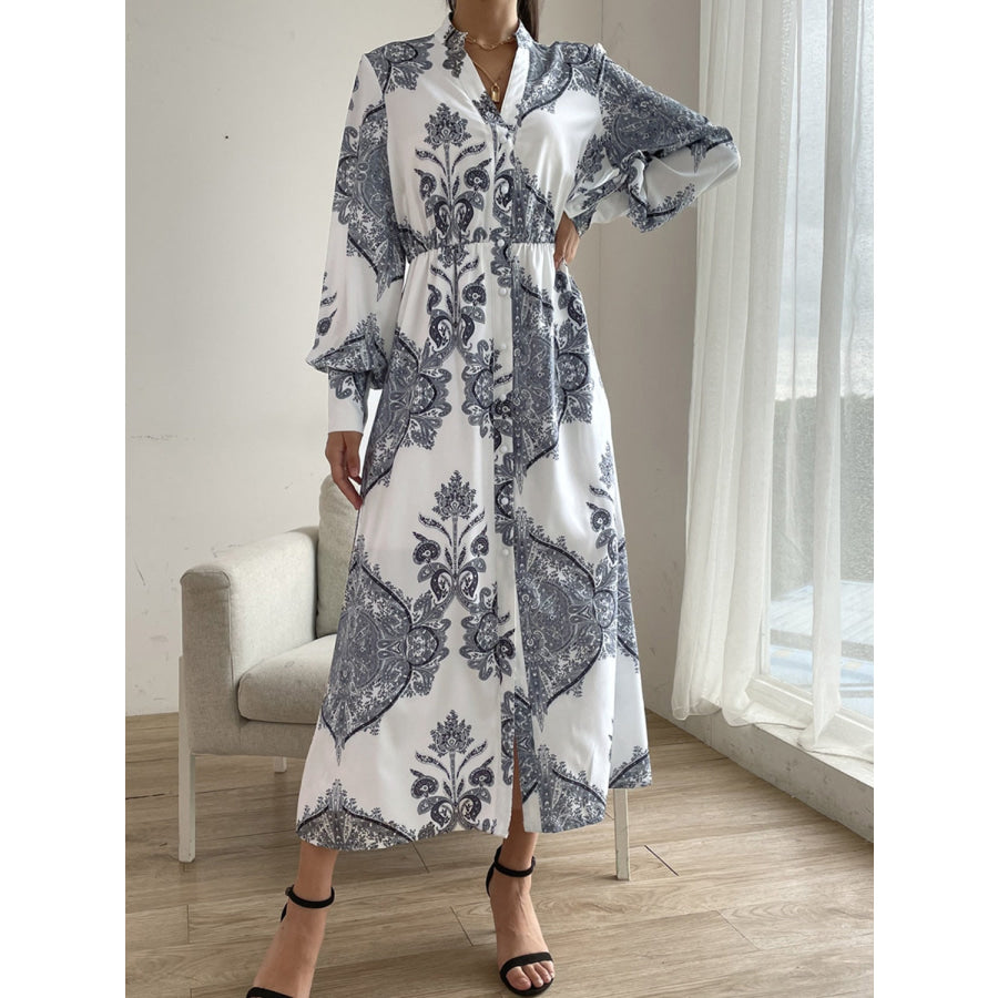 Printed Notched Lantern Sleeve Midi Dress White / S Apparel and Accessories