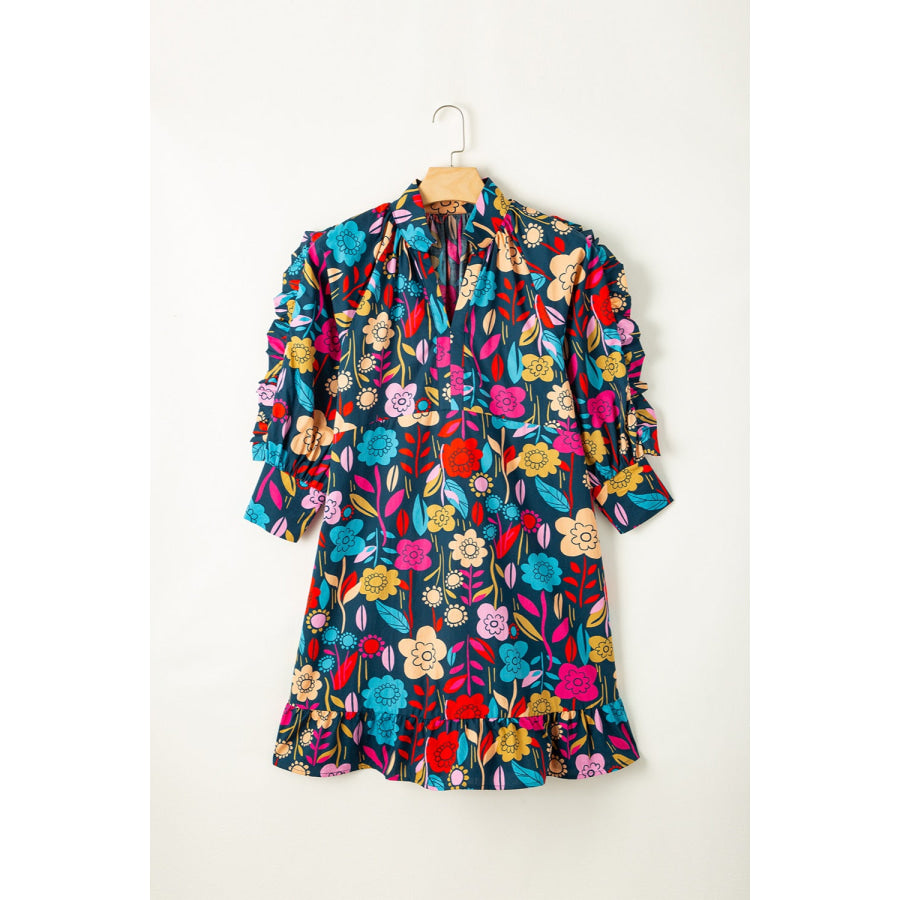 Printed Notched Lantern Sleeve Mini Dress Multicolor / S Apparel and Accessories