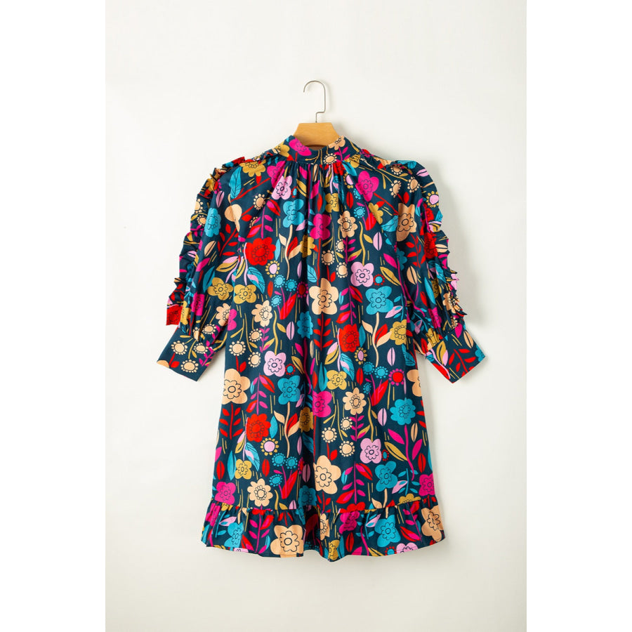 Printed Notched Lantern Sleeve Mini Dress Apparel and Accessories