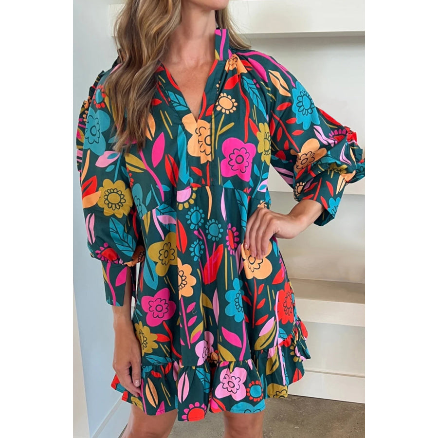 Printed Notched Lantern Sleeve Mini Dress Multicolor / S Apparel and Accessories