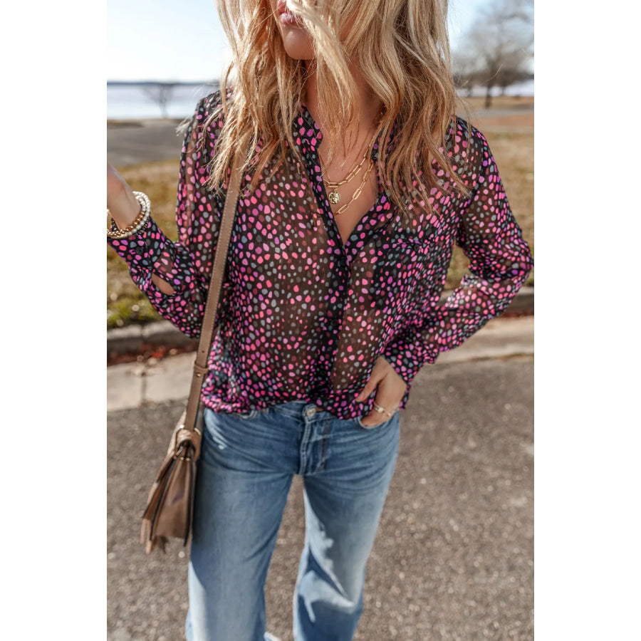 Printed Notched Long Sleeve Blouse Apparel and Accessories