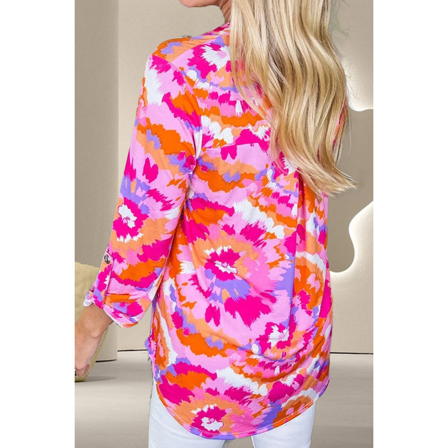 Printed Notched Long Sleeve Blouse Apparel and Accessories